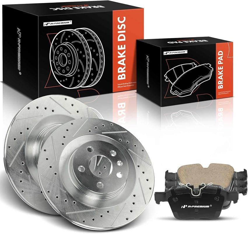 A-Premium Rear Drilled and Slotted Disc Brake Rotors with Ceramic Pads