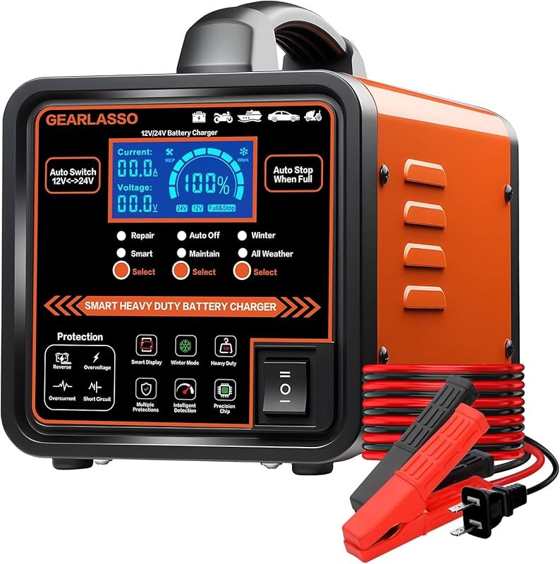 Heavy Duty 12V 24V Car Battery Charger: 0-15A Automatic Maintainer with Smart Trickle & Winter Mode