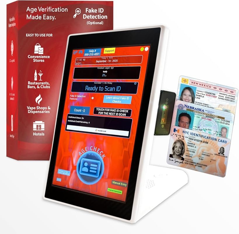 Countertop ID scanner for bars verifies age, flags expired IDs, optional fake detection, scans U.S. IDs