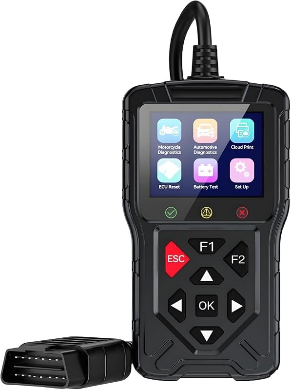 M60 2-in-1 OBD2 scanner for cars and motorcycles; live data, read/clear engine codes, wide protocol support