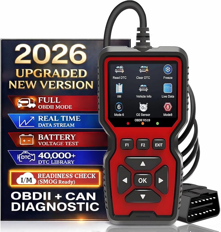 V519 OBD2 scanner, 2026 upgraded with CAN, live data, battery test, I/M readiness, 1996+ vehicles, smog tests.