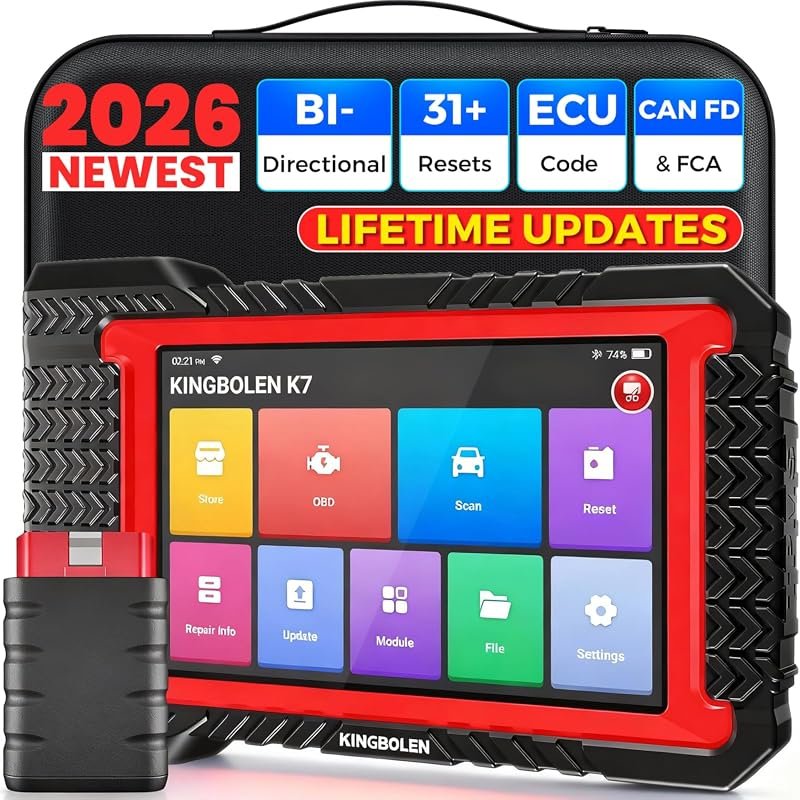 KINGBOLEN K7 Bluetooth bidirectional OBD2 scanner, lifetime updates, no fees, 31+ resets, CAN FD, FCA AutoAuth.