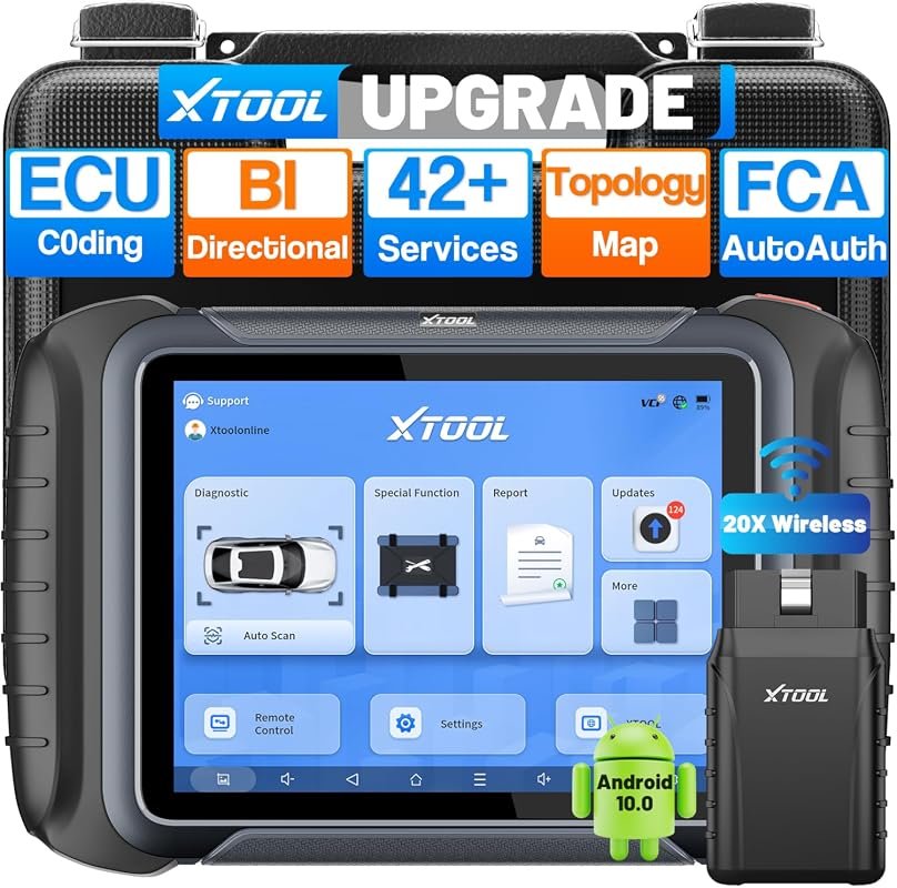 XTOOL D8W wireless bidirectional OBD2 scanner, topology mapping, 3-year updates, ECU coding, 42+ resets, FCA AutoAuth.