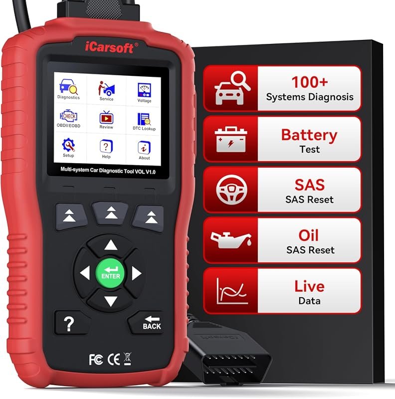 iCarsoft VOL V1.0 OBD2 scanner for Volvo/SAAB, all-systems diagnostics, oil/SAS reset, live data, CAN-FD, lifetime free updates
