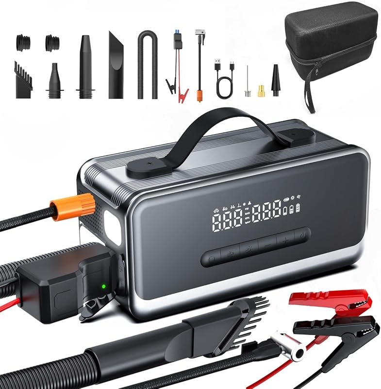 Portable tire inflator and jump starter with auto shut-off, jumper cables, LED, for 9.0L gas/8.0L diesel.