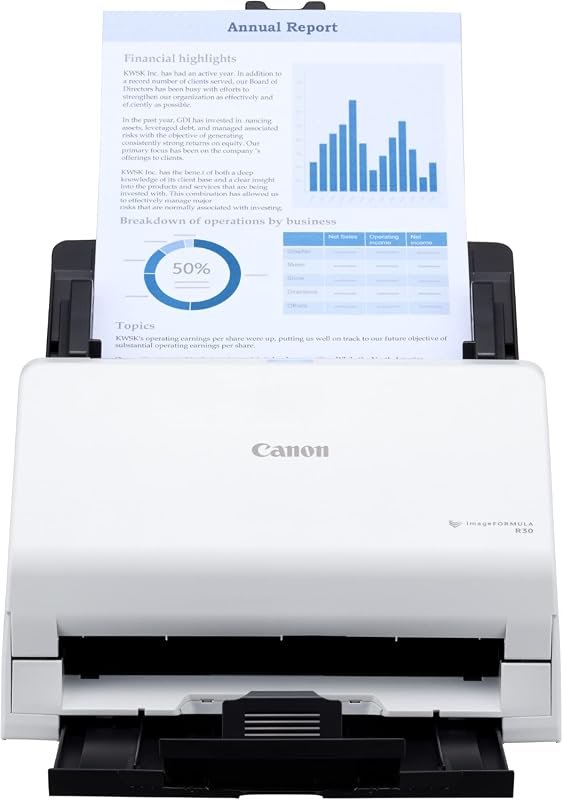 Canon imageFORMULA R30 office document scanner with ADF, fast duplex scanning, plug-and-scan, no software required.