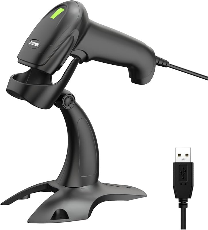 USB wired barcode scanner with stand, 2D/1D QR support, automatic hands-free scanning for POS, Mac, PC.