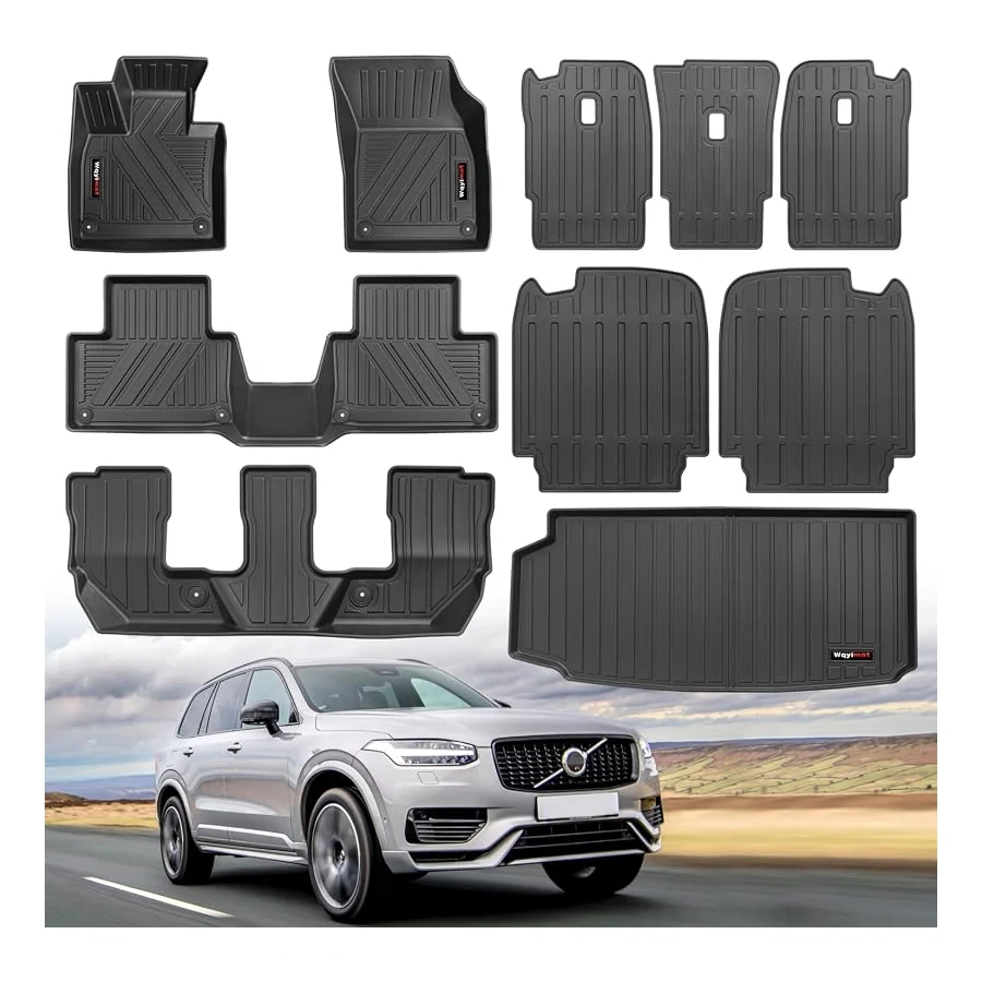 2016-2026 Volvo XC90 PHEV 7-Seat custom-fit all-weather TPE 3-row floor mats, trunk liner, seat-back protectors, 10-piece set