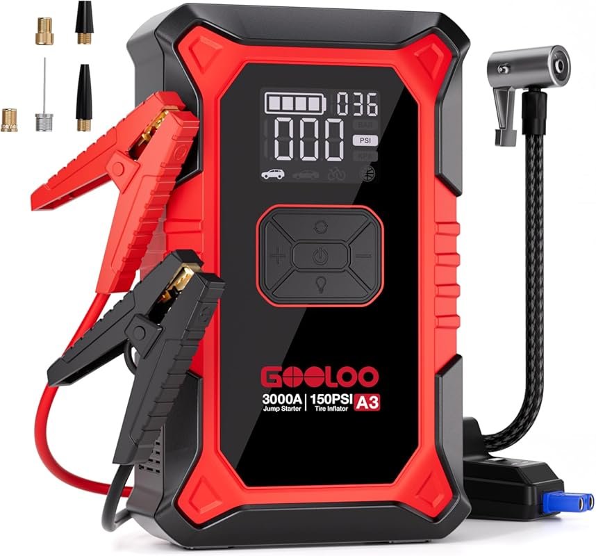 GOOLOO A3 3000A jump starter with 150 PSI compressor, Supersafe booster for 9L gas/6.5L diesel, LED