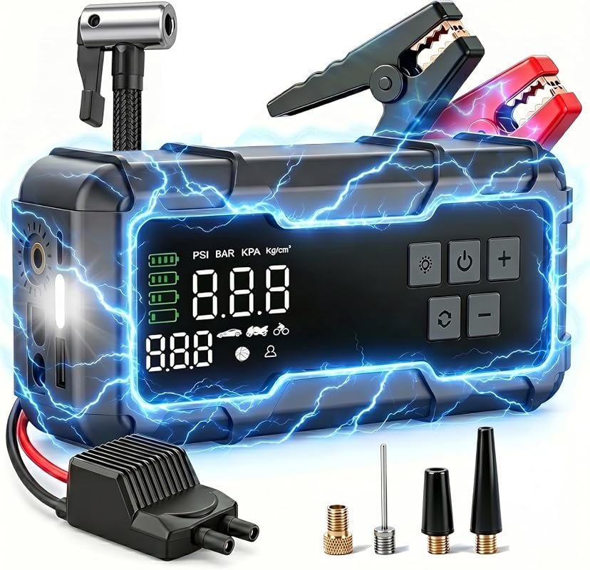 8000A 12V jump starter with 150 PSI air compressor, digital gauge, LED light, built-in power bank