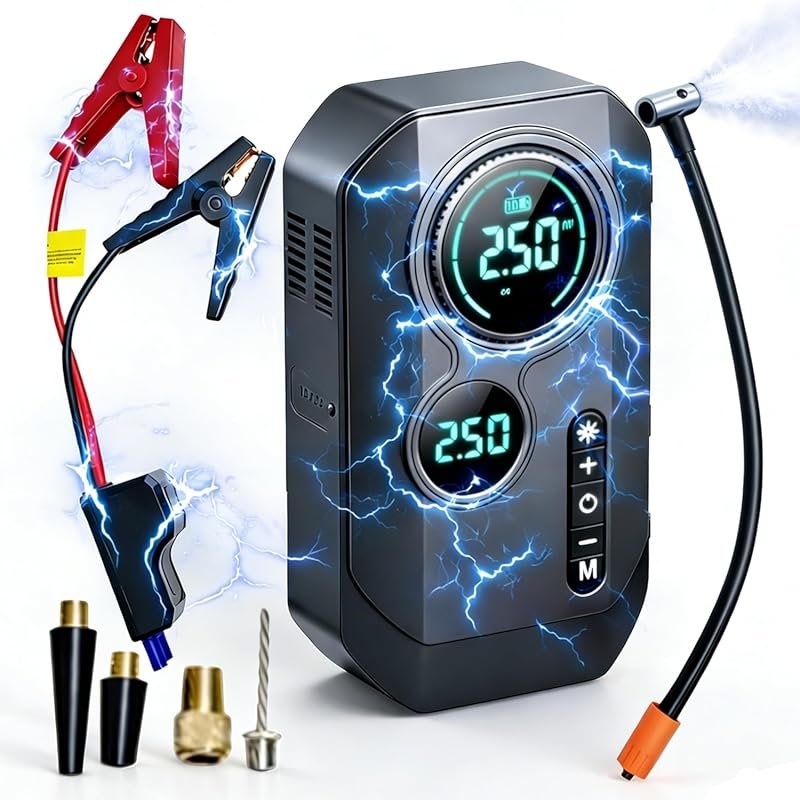 9000A portable car jump starter with air compressor, 200 PSI tire inflator, 4-in-1 emergency tool power bank.
