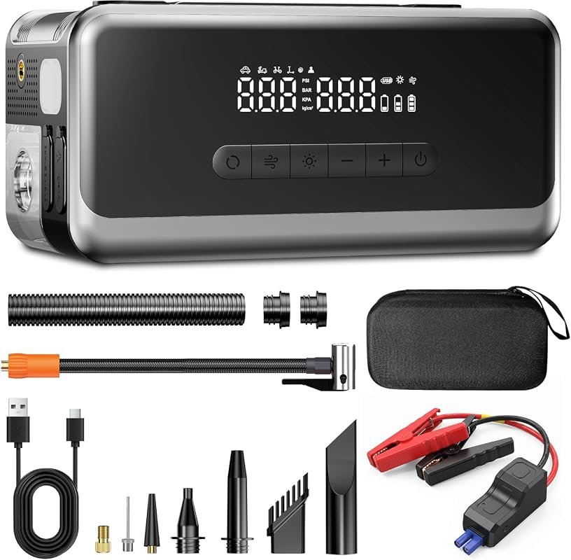 Portable 4000A car jump starter with 12V air compressor, LED, for 9.0L gas/8.0L diesel engines.