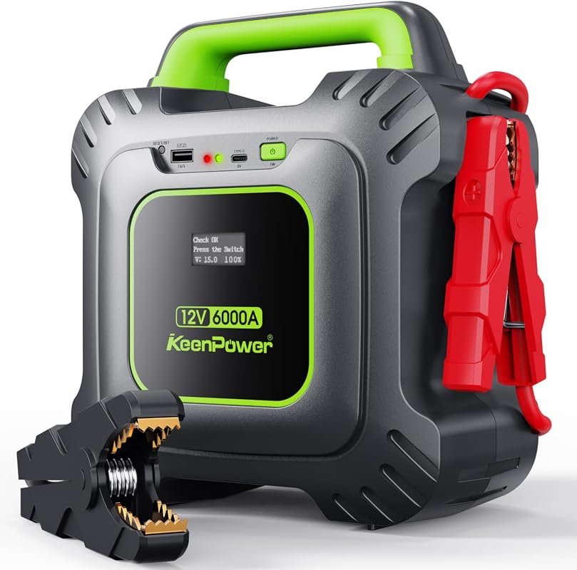 KeenPower 6000A supercapacitor jump starter, no battery needed, 1-minute charge, works to -45°F, for 12V vehicles.
