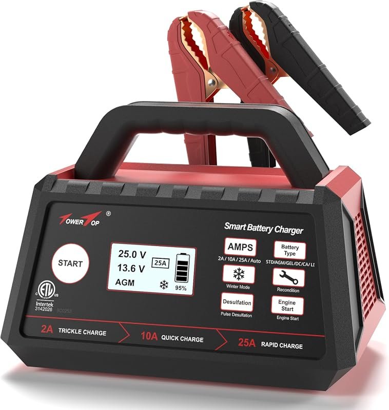 TowerTop 2/10/25 Amp Smart Car Battery Charger - Fully Automatic Maintainer with Engine Start and Winter Mode