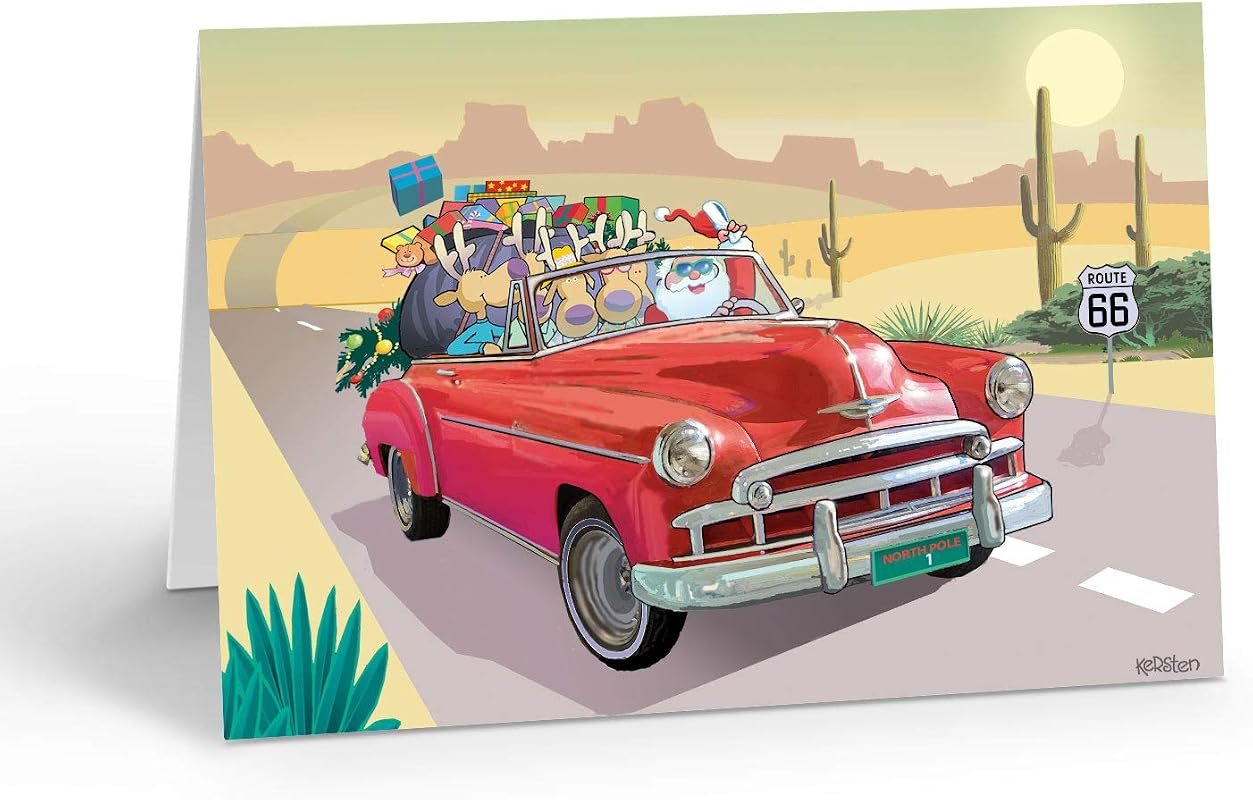 Stonehouse Collection Route 66 and Red Car Christmas Card, 18 Western Cards & Envelopes, USA Made for Festive Greetings
