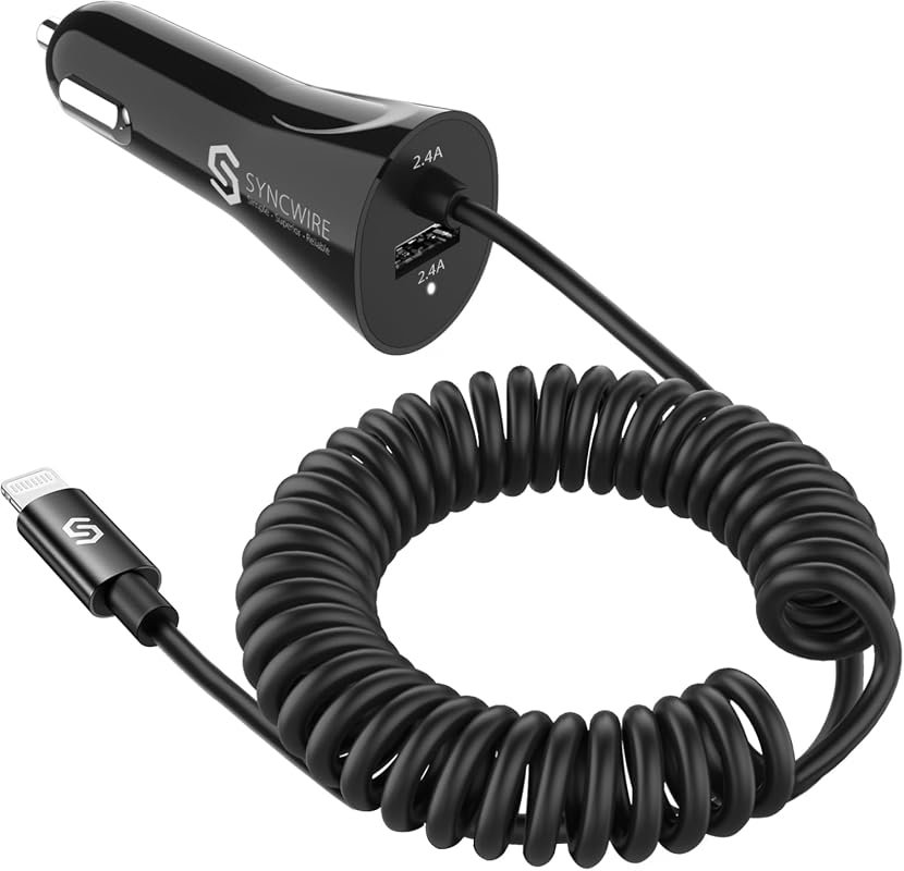 Syncwire Apple MFi Certified iPhone Car Charger with 4.8A and Built-in Coiled Lightning Cable