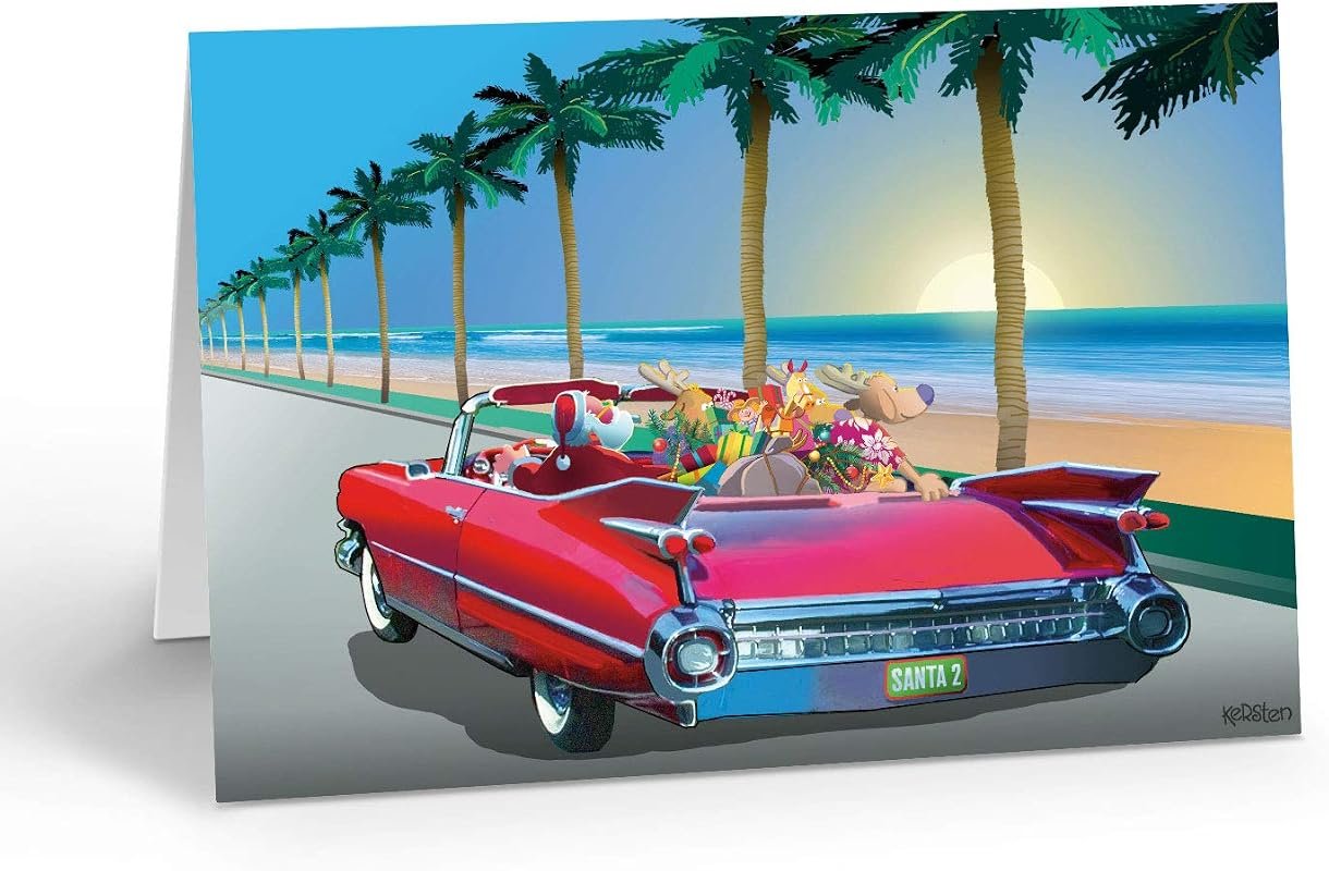 Tropical Cruising Santa Christmas Card Set with 18 Beach Holiday Cards & 19 Envelopes for a Tropical Celebration