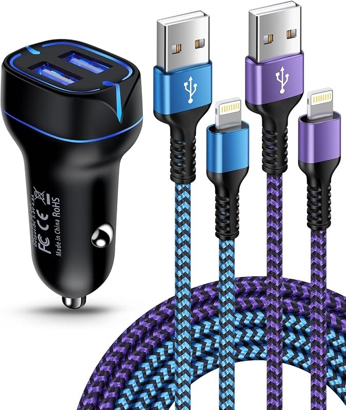 Dual Port iPhone Car Charger with Cigarette Lighter Adapter and 3FT Lightning Cable
