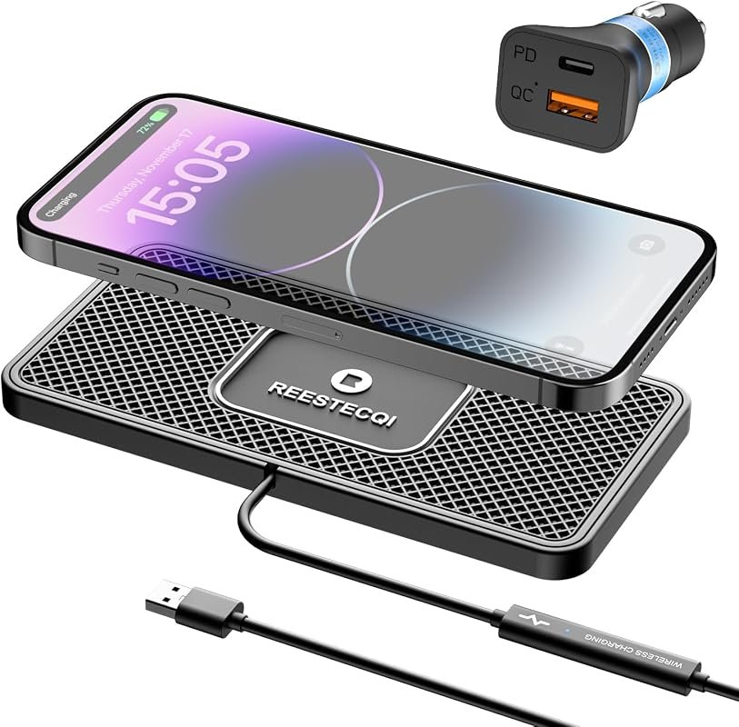 REESTECQI 15W Wireless Car Charging Pad with Non-Slip Design and 40W Charger