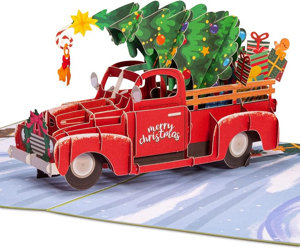 Paper Love 3D Pop Up Christmas Card with Car Design, Perfect Holiday Gift with Envelope and Note Tag