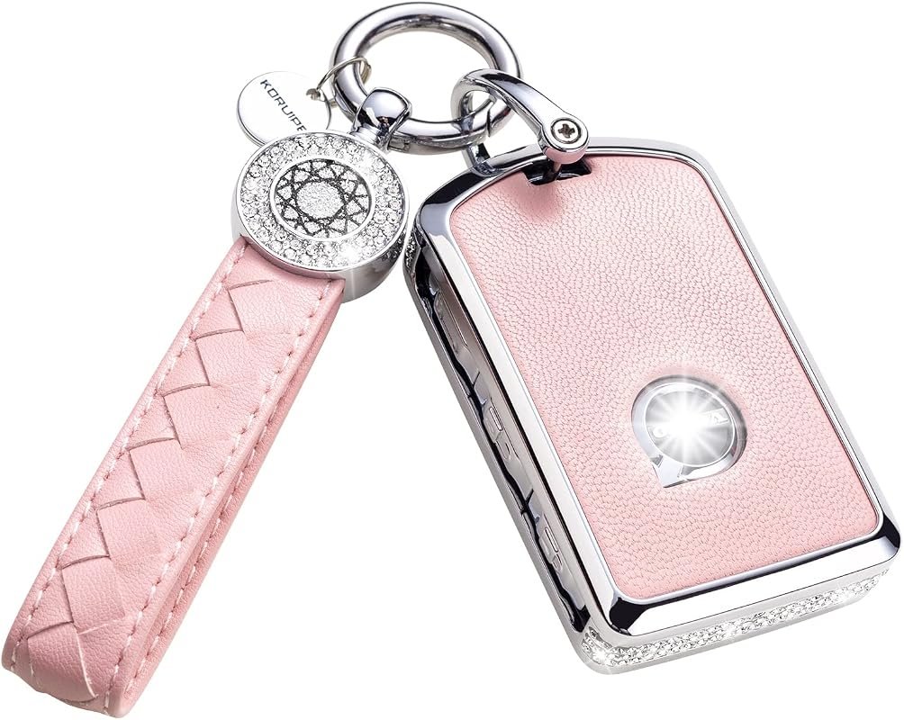 Pink Leather Key Fob Cover for Volvo, 360 Degree Protection with Crystal Design