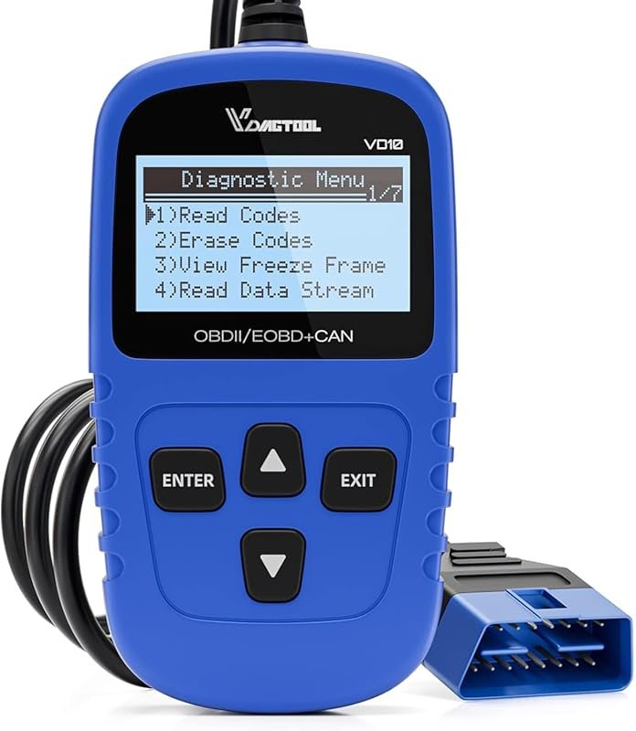 VDIAGTOOL VD10 OBD2 code reader, turns off CEL, freeze frame, I/M readiness, supports all protocols.