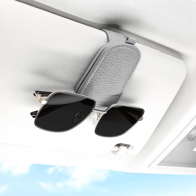 SINGARO Leather Magnetic Sunglasses Holder for Car Visor with Ticket Storage Clip