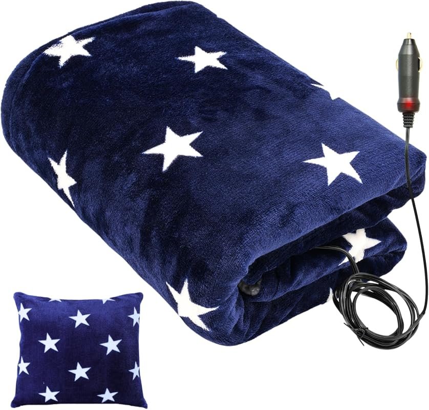 Portable 12V Car Heated Blanket - Soft Flannel and Sherpa Travel Throw for SUVs and Trucks