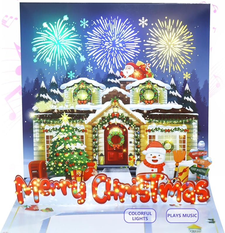 3D Pop-Up Christmas Card with Firework Lights, Plays 'We Wish You a Merry Christmas' - Perfect for Lovers