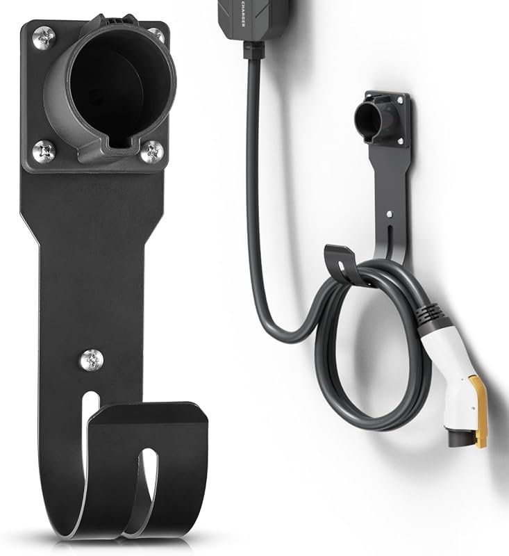 MECMO EV Charger Holder with J-Hook & Nozzle Holster for J1772 Connectors, Ideal Wall Mount Organizer