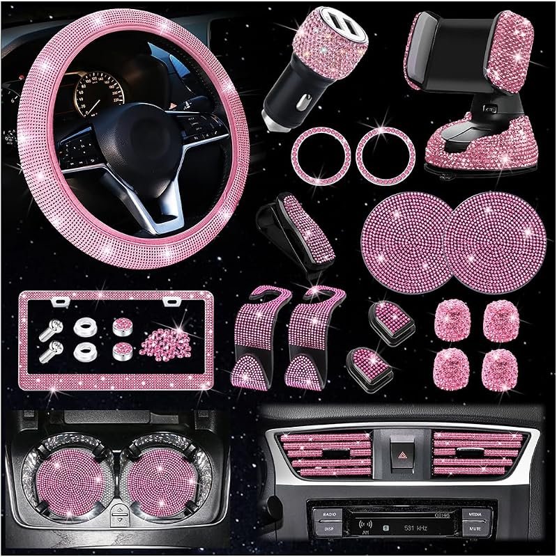 Osilly 27-Piece Rhinestone Car Interior Accessory Set in Pink for Ultimate Style