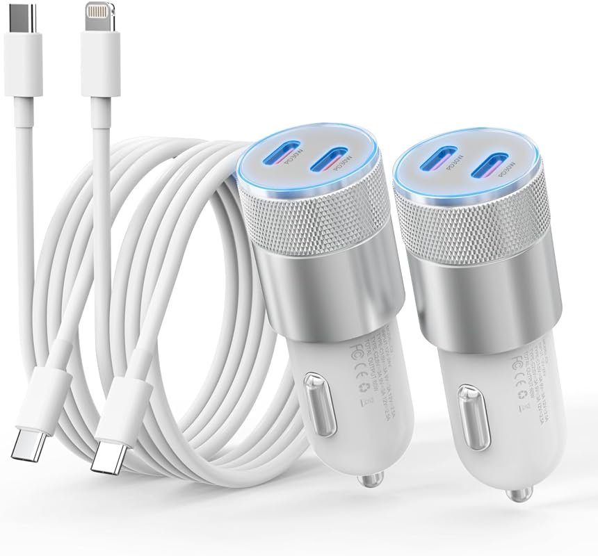 Fast Charging iPhone Car Charger with 60W Power and Two Cables Included