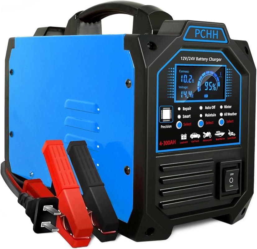 PCHH 12V/24V Heavy Duty Car Battery Charger, 0-15A Automatic Maintainer with Smart Features