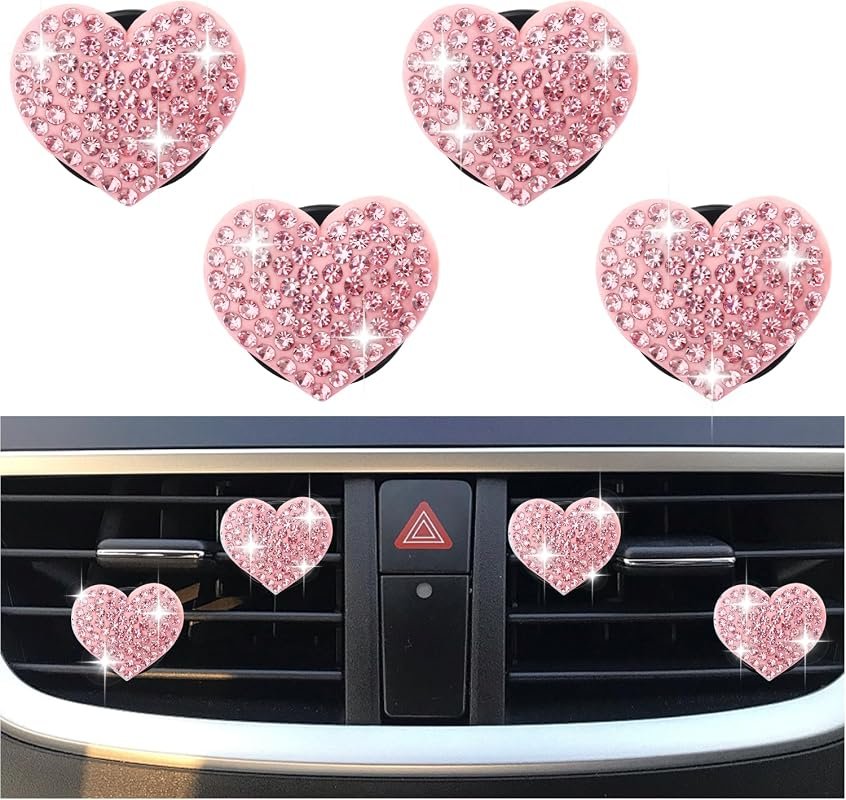 4PCS Heart-Shaped Rhinestone Car Vent Clips, Premium Bling Air Vent Decorations for Cars