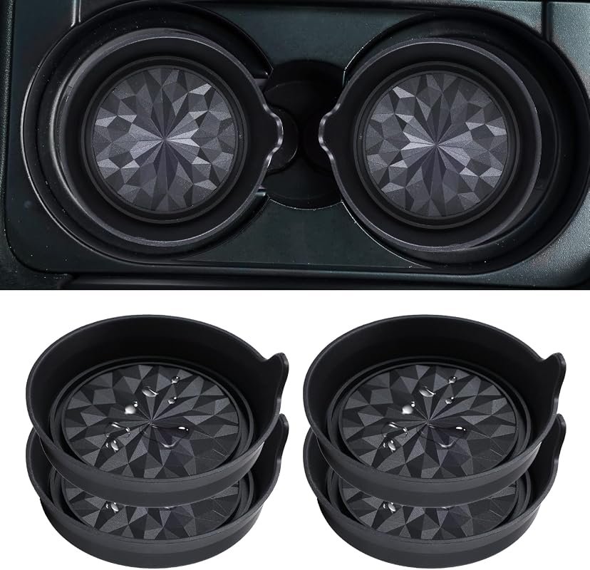 Amooca Waterproof Non-Slip Car Cup Coasters, 4-Pack Black Flower Design for All Vehicles