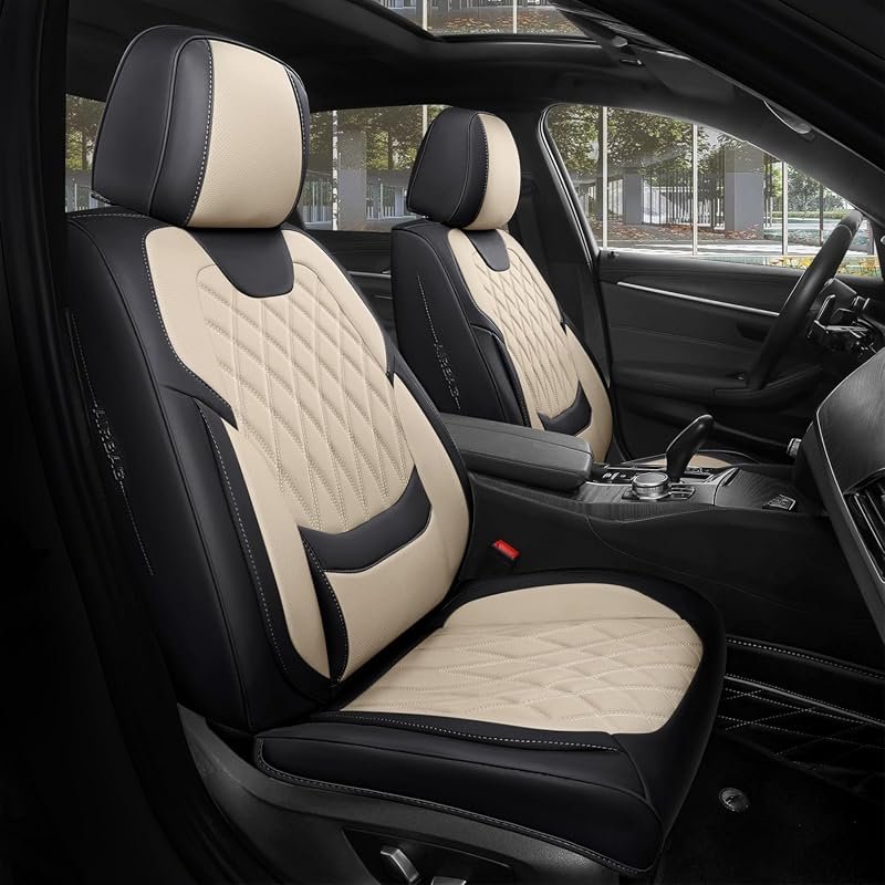 Full Set Faux Leather Car Seat Covers in Black and Beige, Universal Fit for All Vehicles