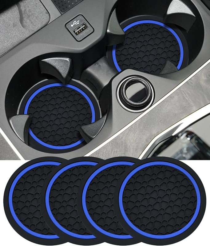 Set of 4 Non-Slip Car Coasters - 2.75 Inch Black & Blue Inserts for Most Vehicles