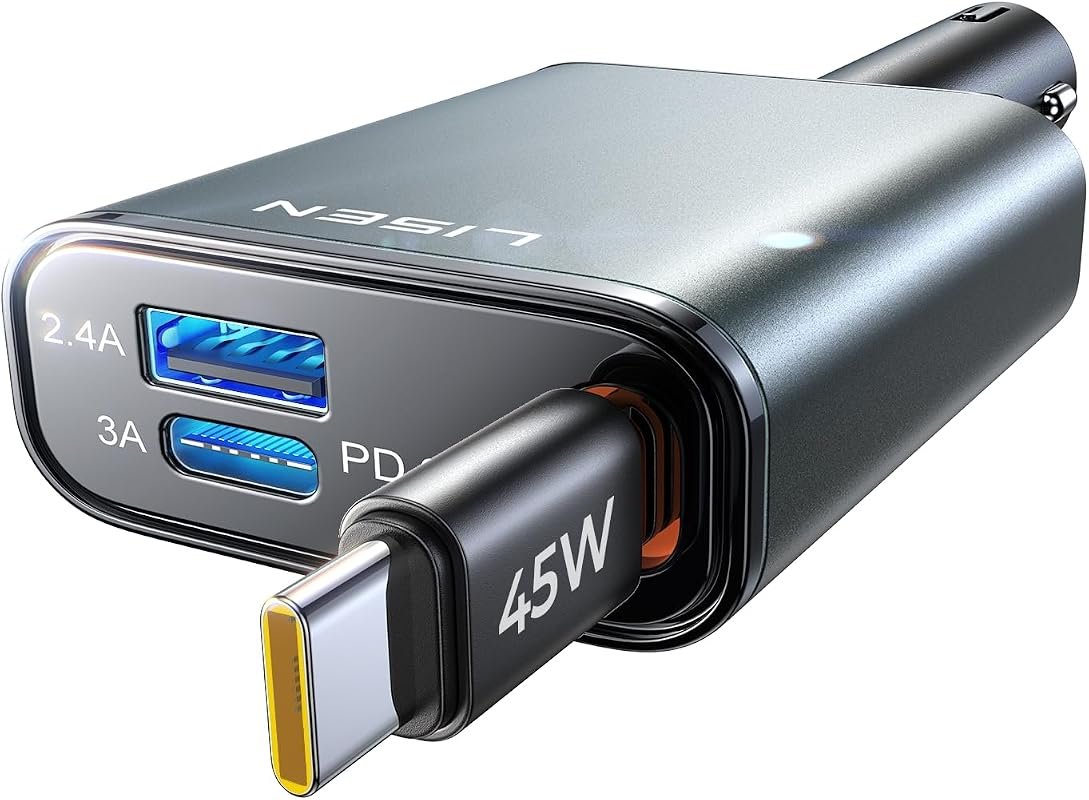 LISEN 72W Ultra-Compact Retractable USB C Car Charger for Fast Charging on the Go