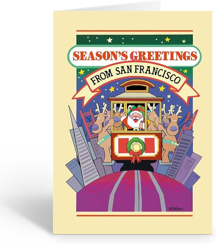 Stonehouse Collection San Francisco Trolley Car Christmas Card with Santa and Reindeer, Perfect California Holiday Card