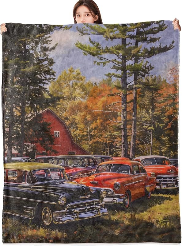 Vintage Classic Car Blanket, Lightweight Flannel Throw with Colorful Foliage and Vehicles, 60x50 inch Gift for Adults
