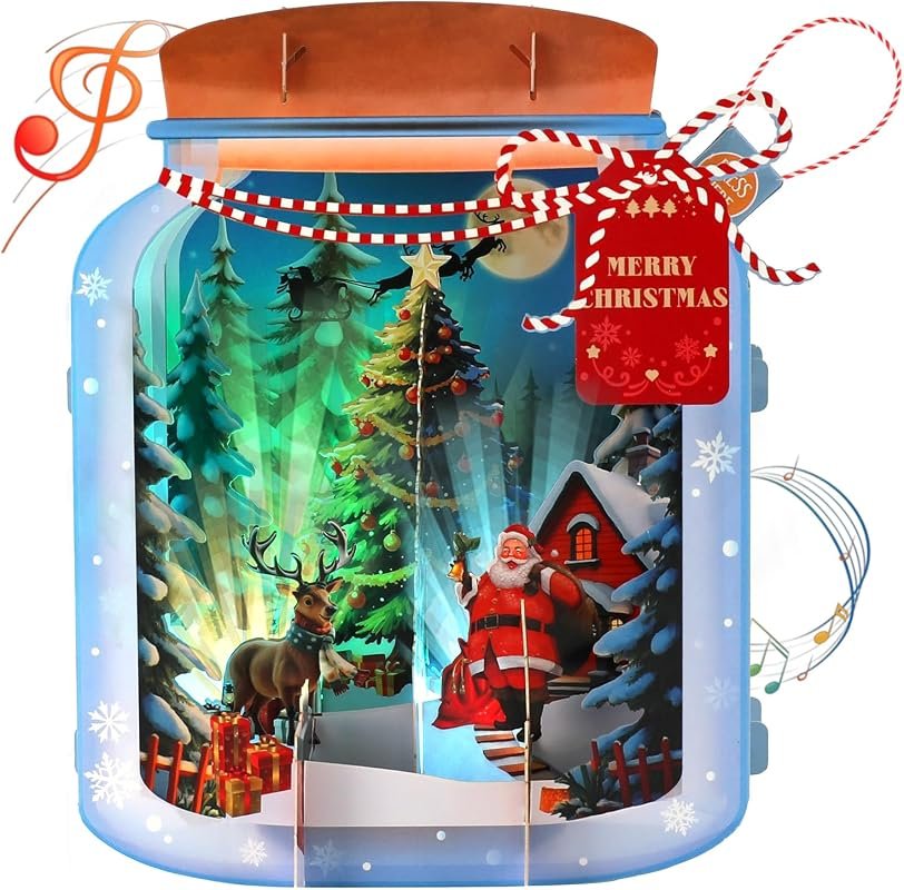 Ecloverlife Musical 3D Pop Up Christmas Cards with Lights, Santa Scene Perfect for Boys, Girls, and Adults