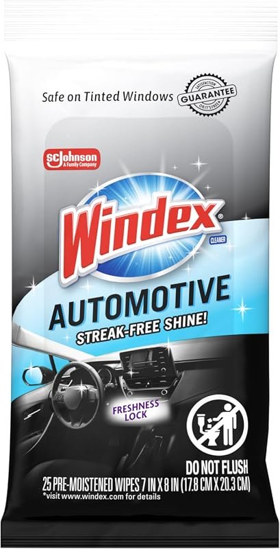 Windex Auto Wipes for Streak-Free Car Windows and Electronics, Safe for Tinted Surfaces, 25 Count