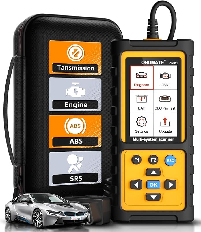 OBD2 scanner with ABS, SRS, transmission diagnostics, clears check-engine lights, DLC pin test, battery voltage check