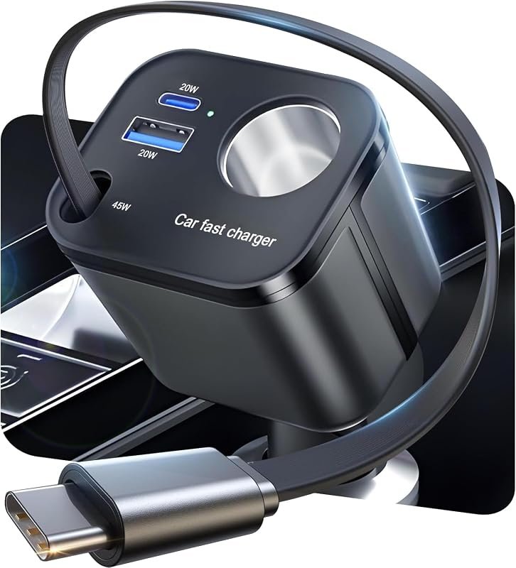 Compact 4 in 1 Retractable Car Charger, 145W USB C Adapter for Fast Charging Devices
