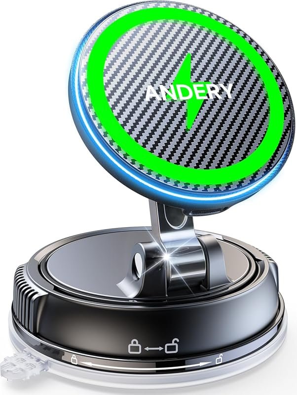 ANDERY 15W Magsafe Car Mount Charger for iPhone – Strong Suction and 360° Adjustability for Optimal Use