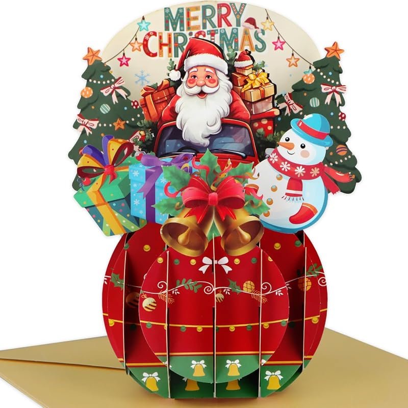FaCraft Handmade 3D Pop Up Christmas Card with Santa Driving Truck, Includes Envelope and Seal for Holidays