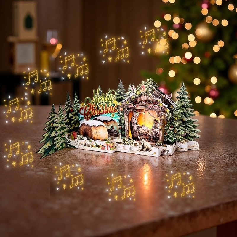 Musical 3D Pop-Up Christmas Card with LED Lights, Plays “Joy to The World” - Holiday Greeting Card Included