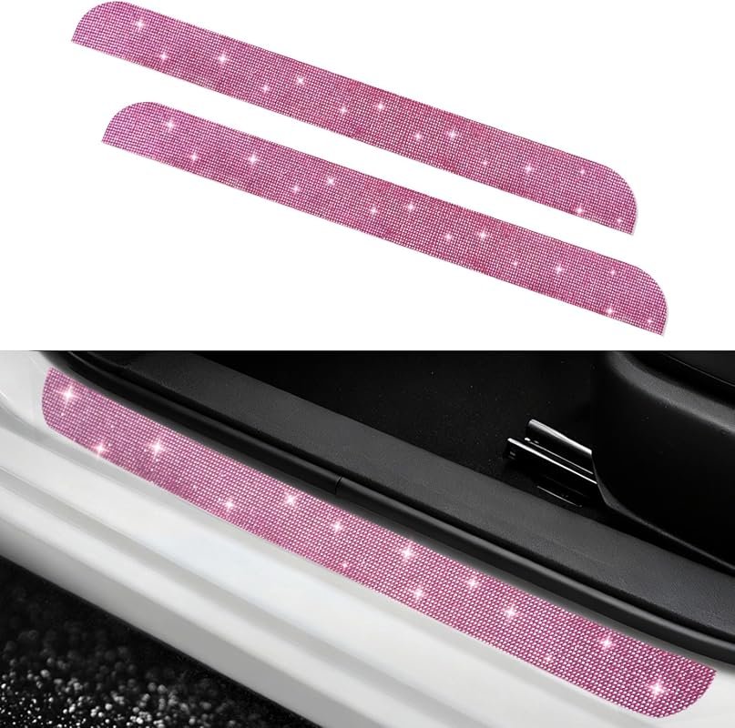 NETEPEM Bling Car Door Sill Protector - 2PCS Rhinestone Edge Guard, Anti-Scratch Strip, Universal Fit (Pink)
