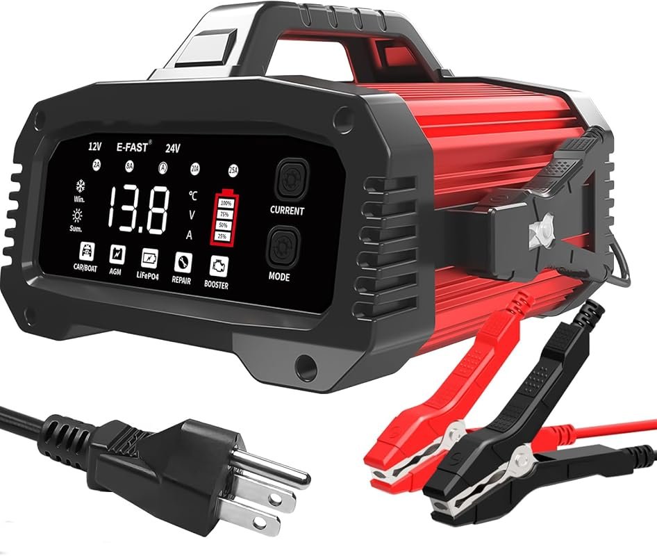 E-FAST 25A Smart Car Battery Charger - 12V/24V Maintainer with Booster Mode for All Battery Types
