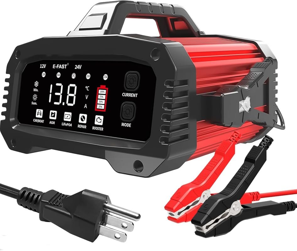 E-FAST 25A Smart Car Battery Charger for 12V/24V, Automatic Maintainer with Booster Mode